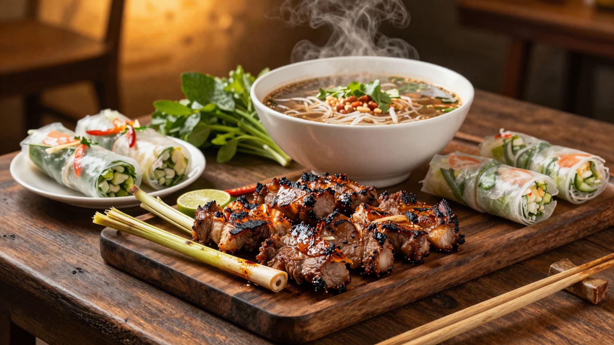 Vietnamesisches BBQ-Festmahl mit Grillfleisch, Sommerrollen und frischen Kräutern bei Viet Hello BBQ