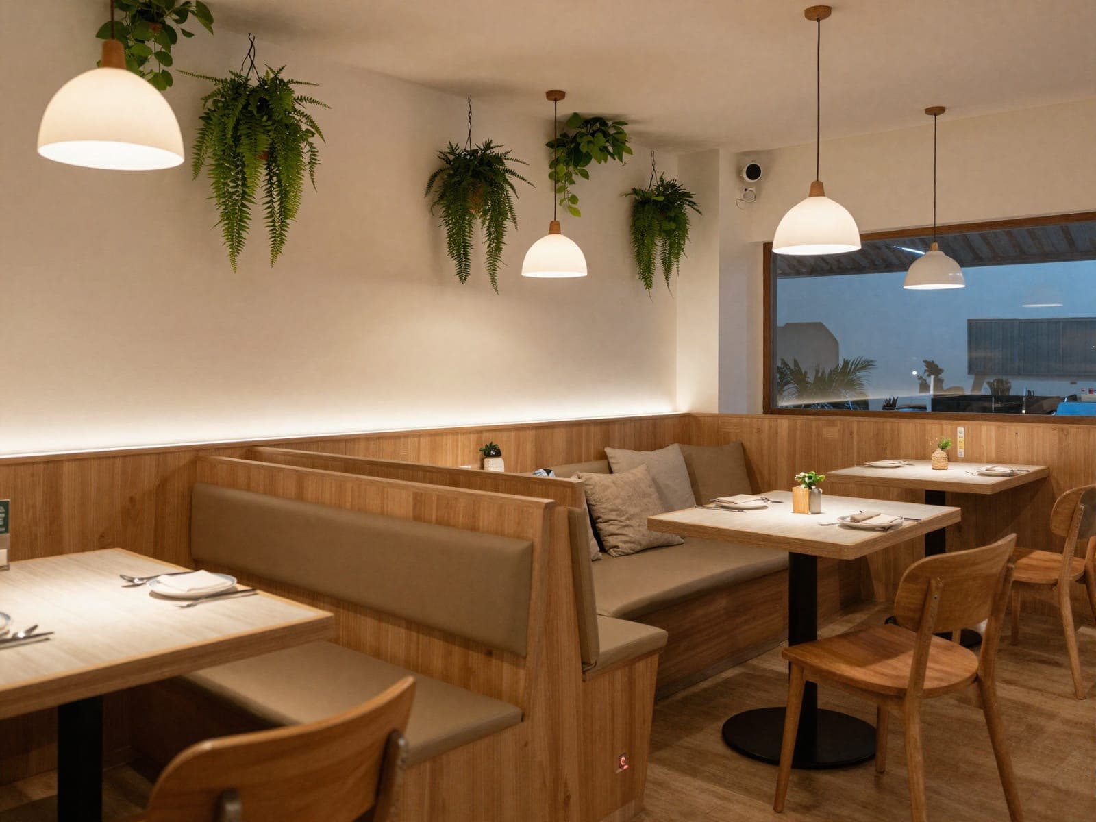 Gemütlicher Innenbereich von Viet Hello BBQ mit warmen Holzbänken und sanftem Licht