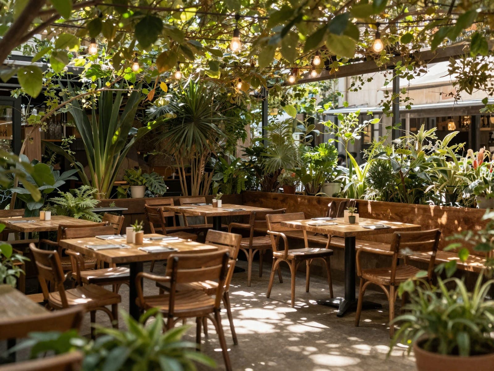 Sommerliche Terrasse von Viet Hello BBQ mit Lichterketten